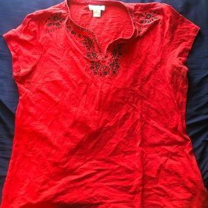 red vneck embroidered shirt